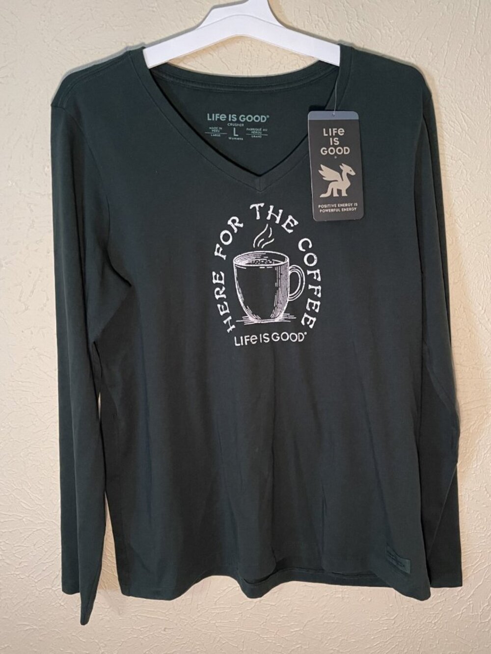 Life is Good NWT "Crusher" Forest Green Long-Sleeve Cotton T-Shirt, Size Large